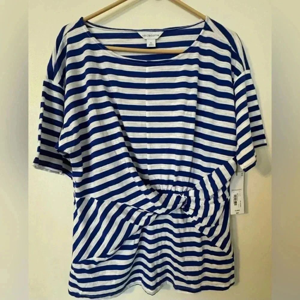Liz Claiborne Navy White Striped Top | Size XL | Front tie New With Tag